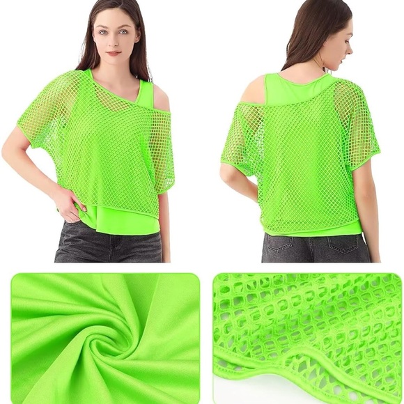 Only Worn Once. Neon Green Fishnet Off Shoulder Top - Picture 2 of 5